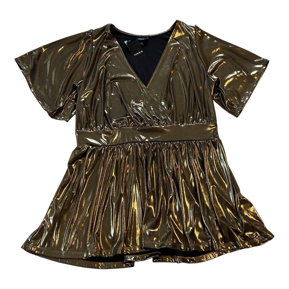 NWT Torrid Liquid Shine Surplice Split Sleeve Peplum Top Gold Size 0 (L)  Womens